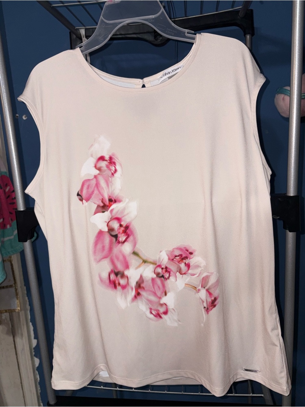 Calvin Klein Cream Sleeveless Shell Top with Pink Orchid Print